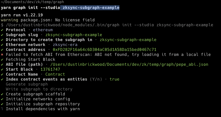 Example output from The Graph cli